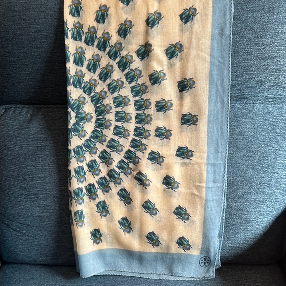Tory Burch.....Beetle Pattern Scarf with light blue Border